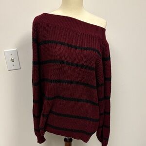 Women's Burgundy Striped Off The Shoulder Sweater